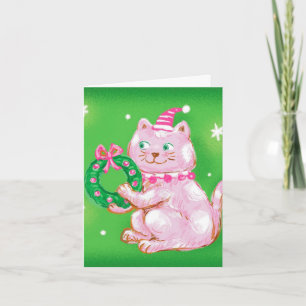 Cartão De Festividades Gato de Natal de Desenho Animado Fofo Segurando Gr