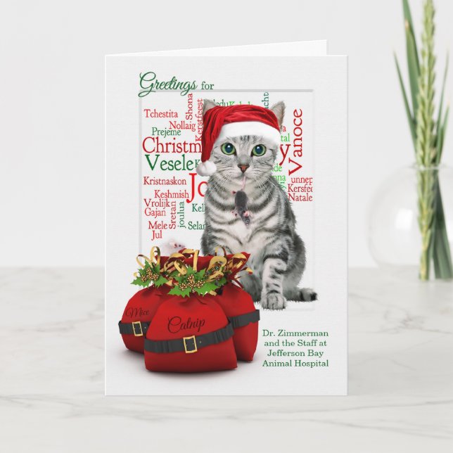 Cartão De Festividades Gato de Natal do Veterinário Personalizado (Frente)