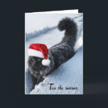 Cartão De Festividades Gato De Natal Em Neve Profunda<br><div class="desc">Um gato preto fofo com flocos de neve e vestindo um chapéu de Papai Noel atravessa um caminho profundo de neve</div>