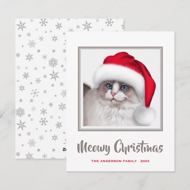 Cartão De Festividades Gato de Natal Feliz e Chapéu Santa (Frente/Verso)