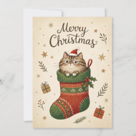 Cartão De Festividades Gato de Natal na Meia