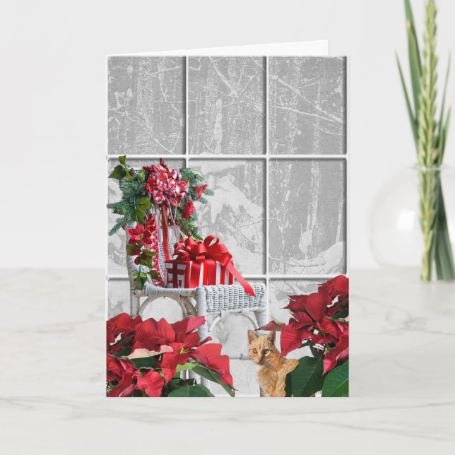 Cartão De Festividades Gato de Natal por cadeira e janela (Frente)