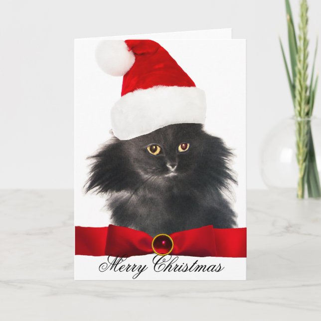 CARTÃO DE FESTIVIDADES GATO DE NATAL PRETO COM CHAPÉU DE SANTA CLAUS (Frente)
