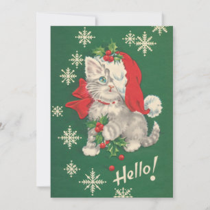 Cartão De Festividades Gato de Natal Vermelho Verde e Bonito Vintage