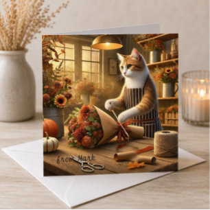 Cartão De Festividades Gato de Outono com Flores – Saudação da Estação de