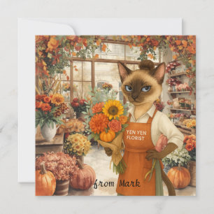 Cartão De Festividades Gato de outono com Flores - Saudação de Fall Seaso