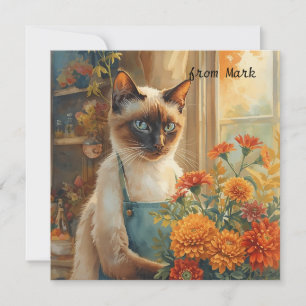 Cartão De Festividades Gato de outono com Flores - Saudação de Fall Seaso