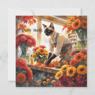 Cartão De Festividades Gato de outono com Flores - Saudação de Fall Seaso