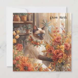 Cartão De Festividades Gato de outono com Flores - Saudação de Fall Seaso