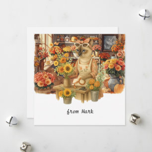 Cartão De Festividades Gato de outono com Flores - Saudação de Fall Seaso