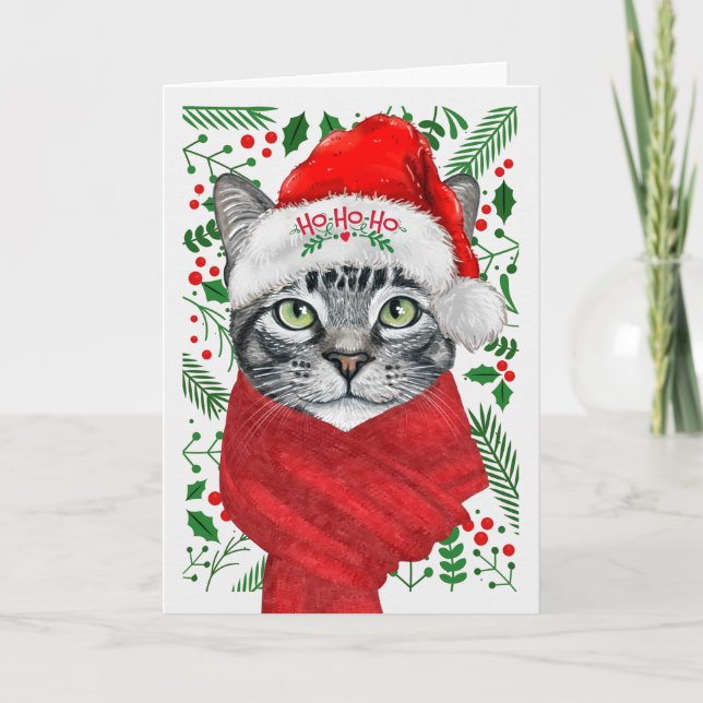 Cartão De Festividades Gato de Prata em um Natal e Feliz Natal (Frente)