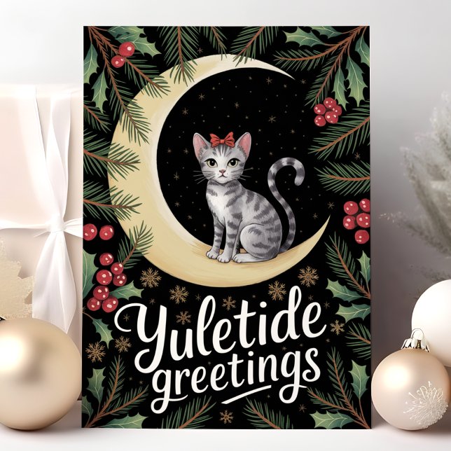Cartão De Festividades Gato de saudações de Yuletide no Natal da Lua (Criador carregado)