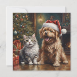 Cartão De Festividades Gato e Natal de Cachorro