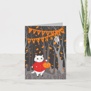 Cartão De Festividades Gato e Pumpkin de Jack-o'-lanterno bonitos do Hall