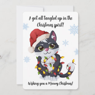 Cartão De Festividades Gato Emaranhado em Luzes de Natal Meowy Natal