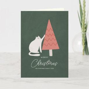 Cartão De Festividades Gato Engraçado com Árvore Feliz Natal Dobrado