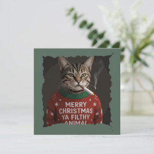 Cartão De Festividades Gato engraçado de Natal fumando Meme sarcástico de