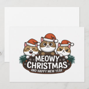 Cartão De Festividades Gato engraçado de natal miando usando chapéu de na