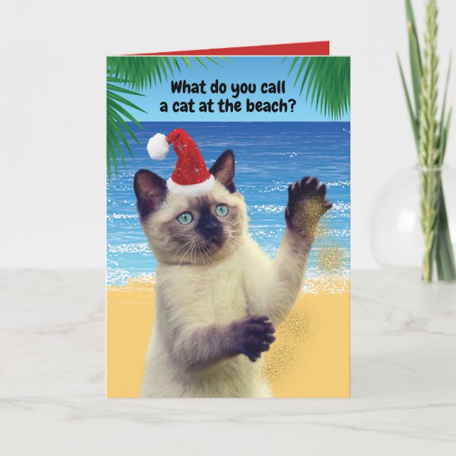 Cartão De Festividades Gato Engraçado De "Sandy Claw" No Natal Da Praia (Frente)
