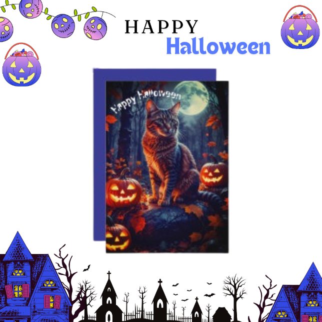 Cartão De Festividades Gato engraçado fofo de Halloween Abóbora  (Criador carregado)