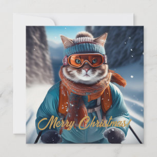 Cartão De Festividades Gato esquiando no Natal