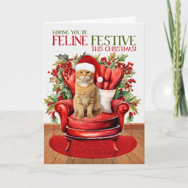 Cartão De Festividades Gato FELINO Natalino Laranja e Branco Festivo (Frente)