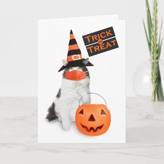 Cartão De Festividades Gato Feliz de Halloween e Gato de Coronavírus (Frente)