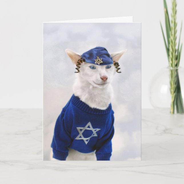 Cartão De Festividades Gato feliz de Hanukkah com Payot e Yarmulke (Frente)