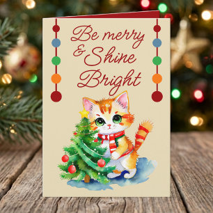 Cartão De Festividades Gato fofo & árvore de Natal seja alegre creme verm