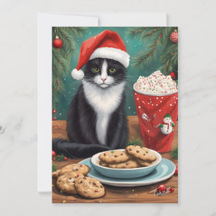 Cartão De Festividades Gato Fofo com Biscoitos e Chapéu de Papai Noel