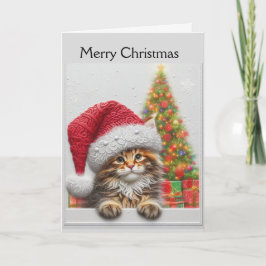 Cartão De Festividades Gato Fofo com Chapéu de Papai Noel Natal