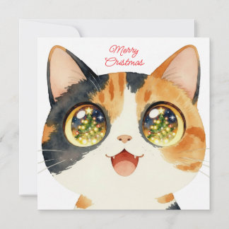 Cartão De Festividades Gato Fofo de Natal olhando para as luzes da árvore