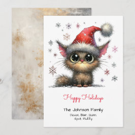 Cartão De Festividades Gato Fofo em um Chapéu de Papai Noel Vermelho Feli