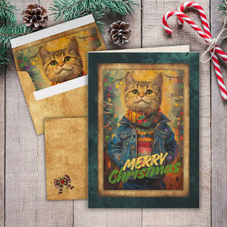 Cartão De Festividades Gato Fofo Vestindo Jaqueta de Denim
