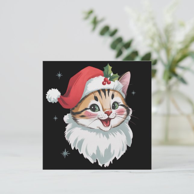 Cartão De Festividades Gato Kitty Fofo Retro Chapéu de Papai Noel Rosa Na (Em pé/Frente)