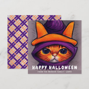 Cartão De Festividades Gato Laranja com Chapéu de Bruxa Roxo Feliz Hallow