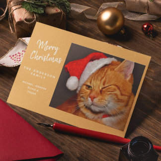 Cartão De Festividades Gato Laranja Divertido de Natal com Chapéu de Papa