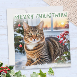 Cartão De Festividades Gato Listrado Na Neve Elegante Feliz Natal