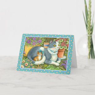 CARTÃO DE FESTIVIDADES GATO-MÃE E COZINHA, FLORES, ARCOS E LAÇA