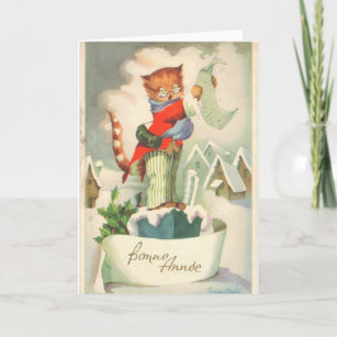 Cartão De Festividades Gato na chaminé - França 1900 #X006