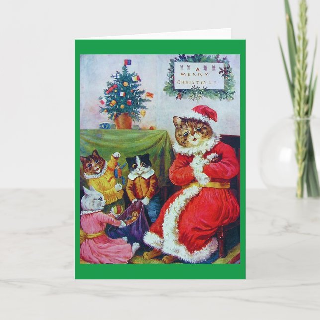 Cartão De Festividades Gato Natalino Vintage, Louis Wain (Frente)