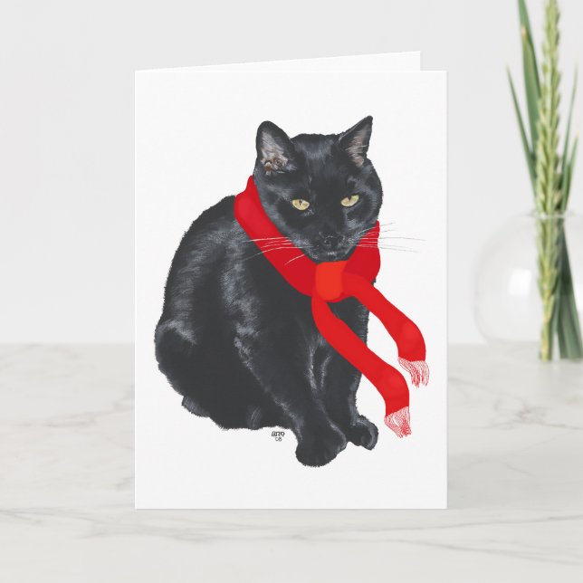 Cartão De Festividades Gato Negro aquecendo no Natal (Frente)