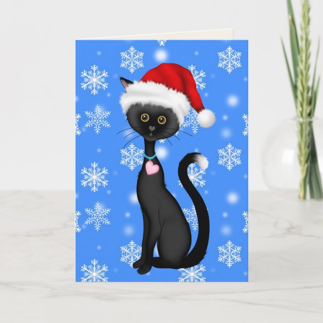 Cartão De Festividades Gato Negro, Chapéu Santa e Flocos de Neve (Frente)