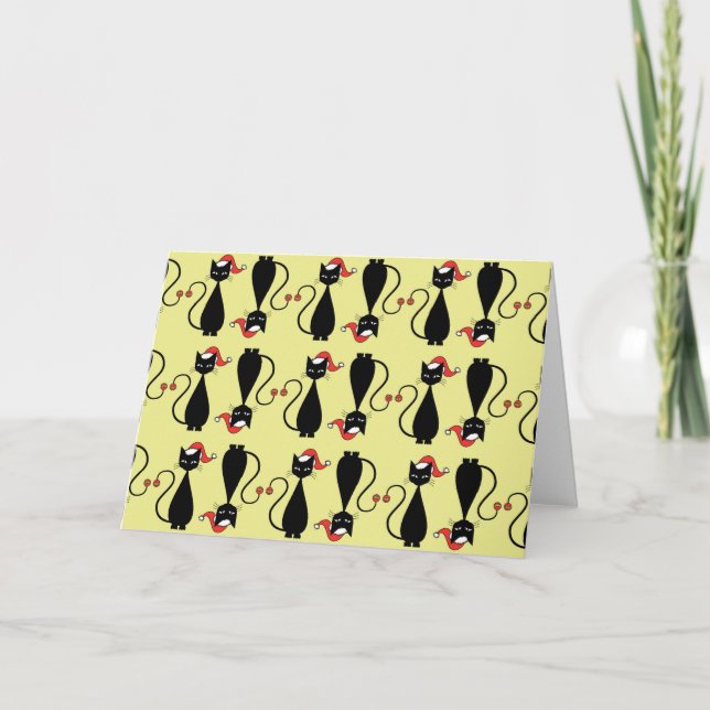 Cartão De Festividades Gato Negro em um Chapéu de Natal (Frente)