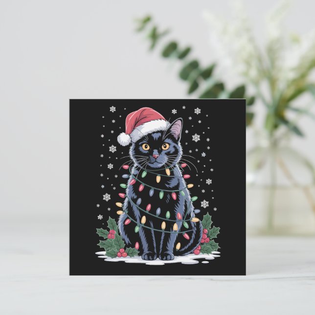 Cartão De Festividades Gato Negro Natal Santa Chapéu Engraçado Gato (Em pé/Frente)