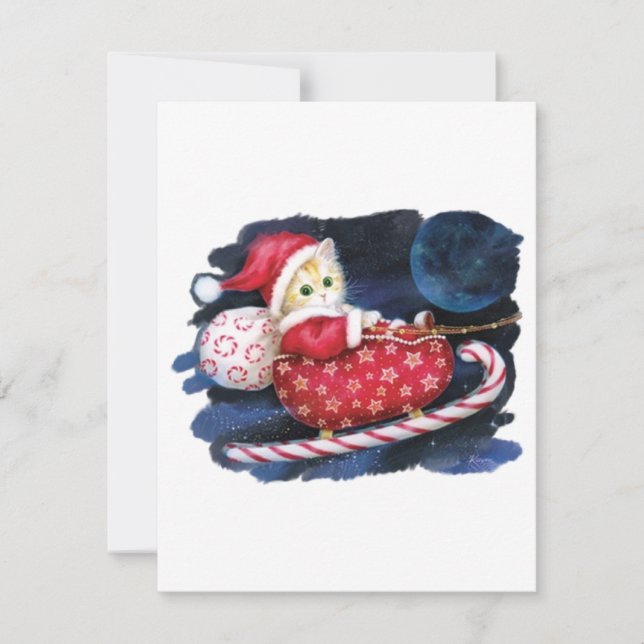 Cartão De Festividades Gato Papai Noel no Trenó do Papai Noel Entregando  (Frente)