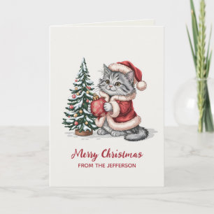 Cartão De Festividades Gato Personalizado com Chapéu de Papai Noel na árv