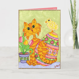 Cartão De Festividades Gato & pintinho com ovo & páscoa da arte popular