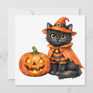 Cartão De Festividades Gato preto aquarela em fantasia de Halloween 