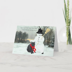 Cartão De Festividades Gato Preto com Boneco de Neve no Natal